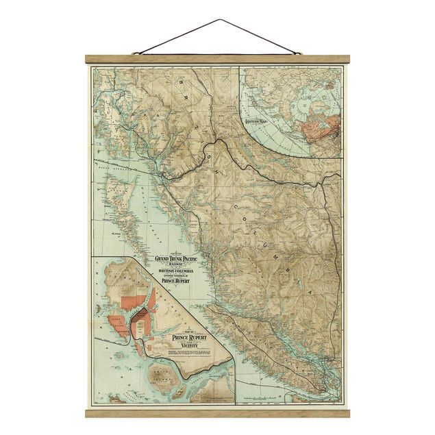Stoffbild mit Posterleisten - Vintage Karte British Columbia - Hochformat 3:4