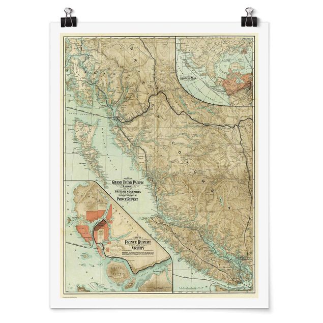 Wandbilder Vintage Karte British Columbia