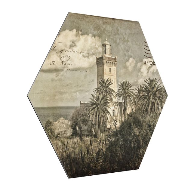Hexagon-Alu-Dibond Bild - Vintage Postkarte mit Leuchtturm und Palmen
