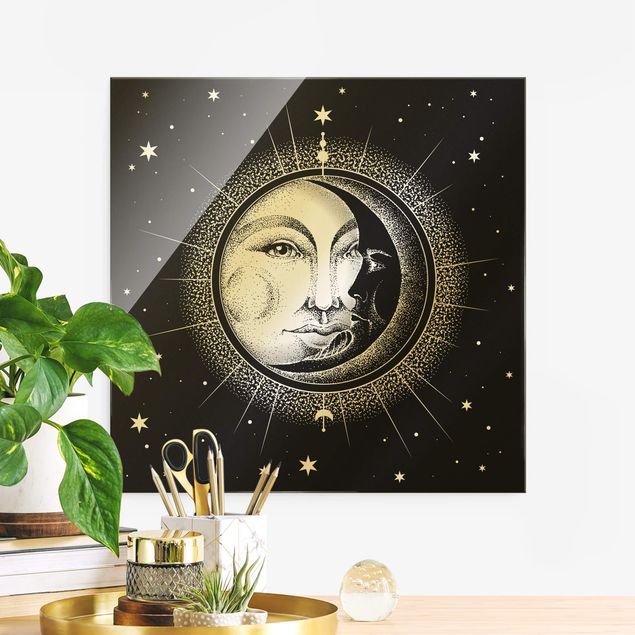 Glasbild - Vintage Sonne und Mond Illustration - Quadrat 1:1