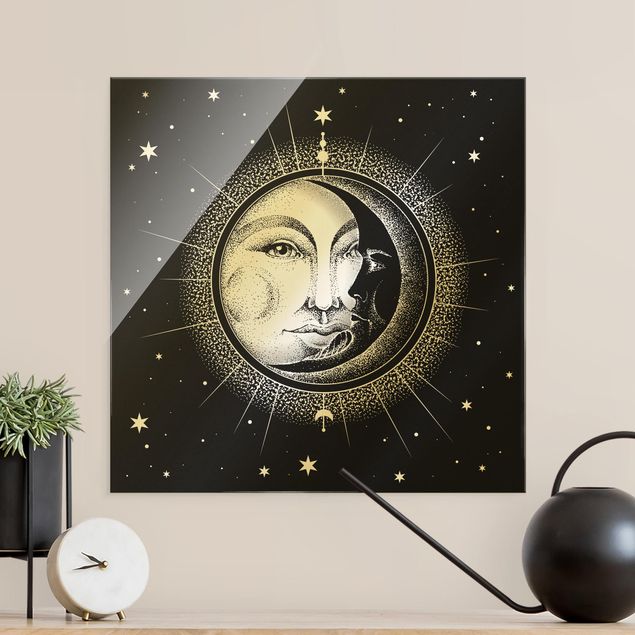 Glasbilder Schwarz-Weiß Vintage Sonne und Mond Illustration