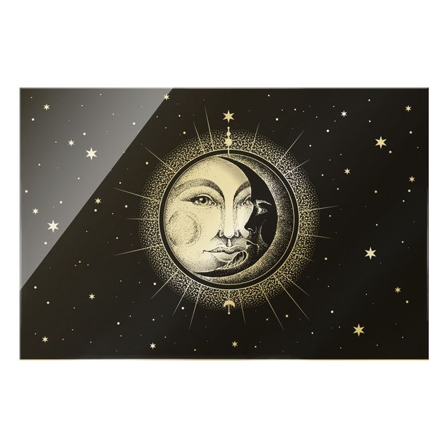 Glasbild - Vintage Sonne und Mond Illustration - Querformat 3:2