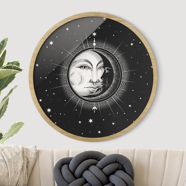 Bild rund Vintage Sonne und Mond Illustration