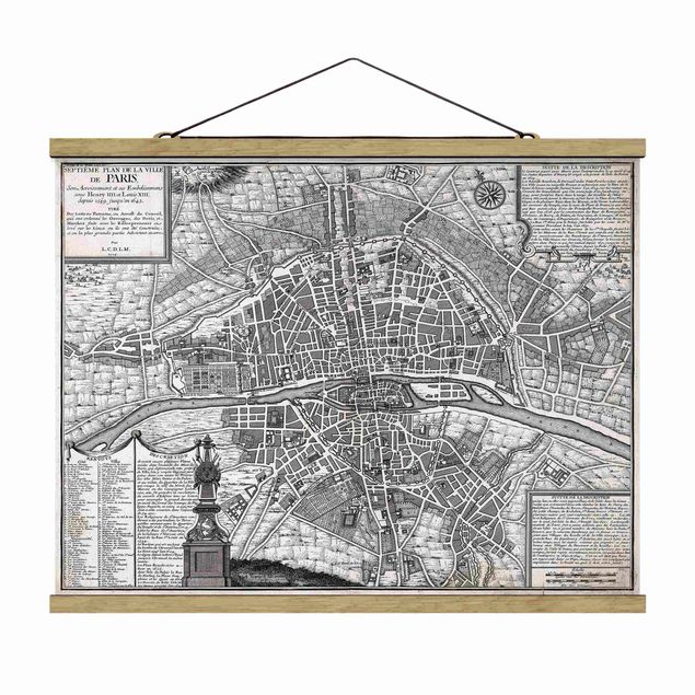 Stoffbild mit Posterleisten - Vintage Stadtplan Paris um 1600 - Querformat 4:3