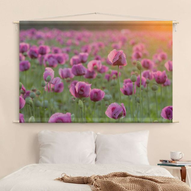 Wandbehang Stoff Violette Schlafmohn Blumenwiese im Frühling