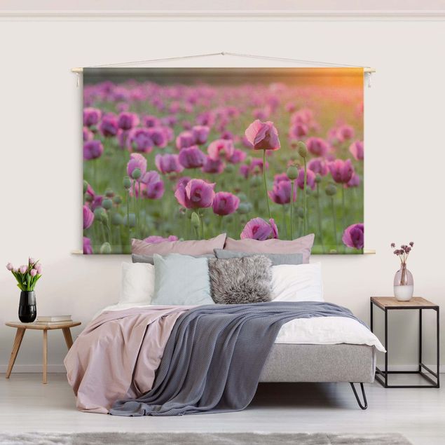 Wandteppich XXL Violette Schlafmohn Blumenwiese im Frühling