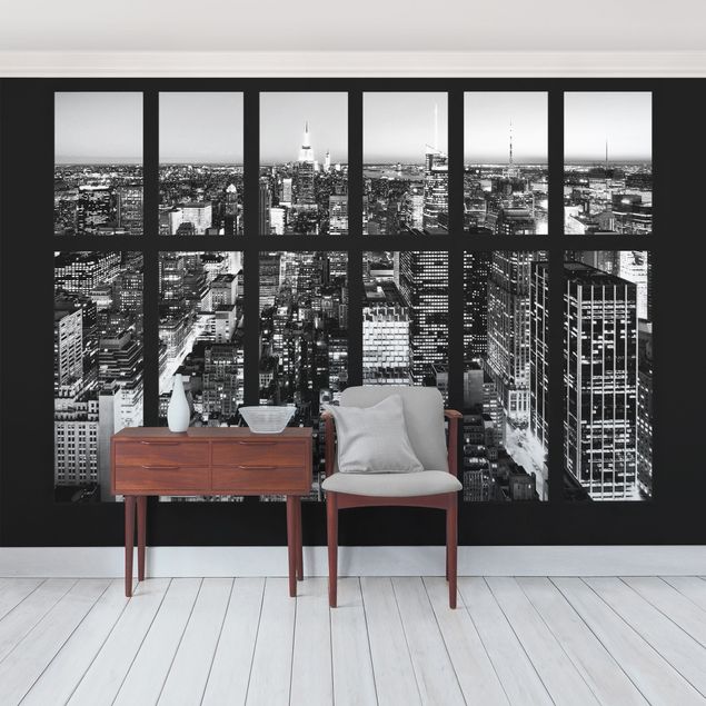 Fototapete schwarz Fensterblick Manhattan Skyline schwarz-weiß