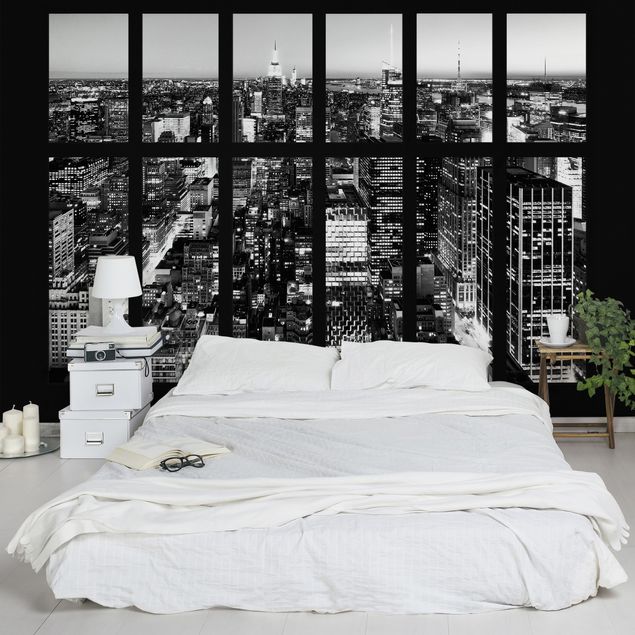 Fototapete New York Fensterblick Manhattan Skyline schwarz-weiß