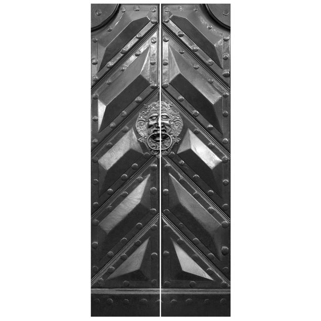 Türtapete - Alte Tür aus Stahl mit Löwenkopf Türklopfer