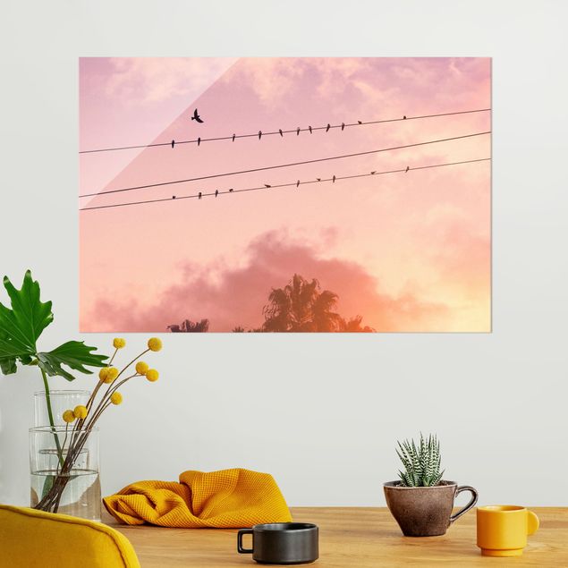 Glasbild Sonnenuntergang Vögel auf der Stromleitung