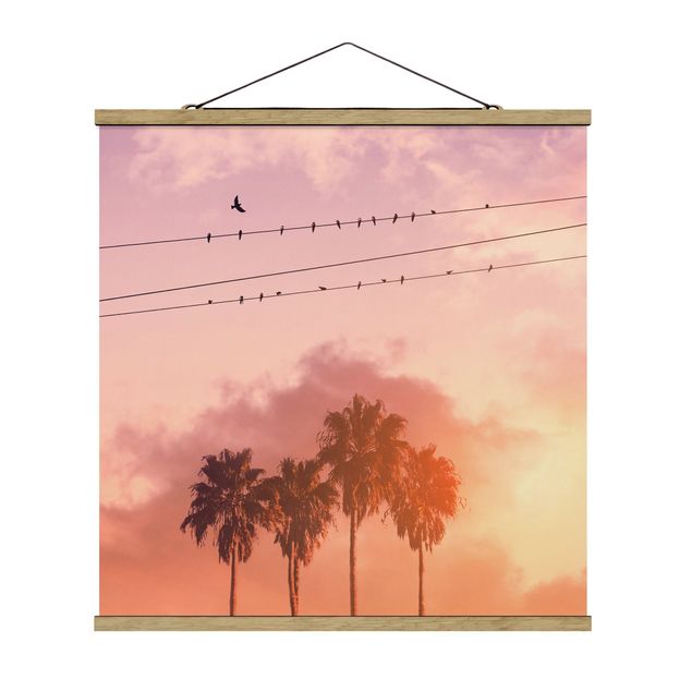 Stoffbild mit Posterleisten - Vögel auf der Stromleitung - Quadrat