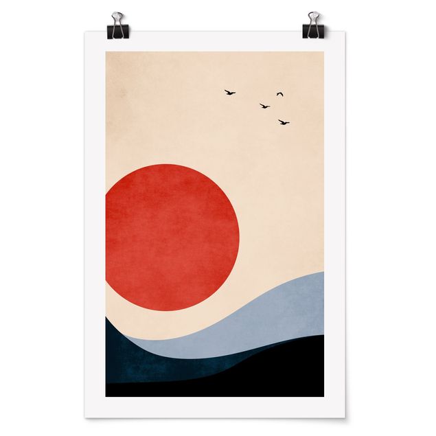 Abstrakte Kunst Poster Vögel in rotem Sonnenuntergang