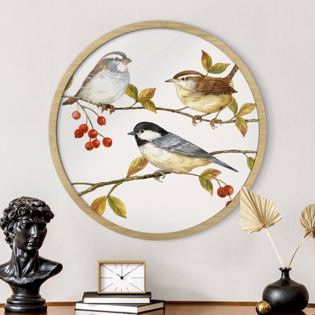Wandbild rund Vögel und Beeren - Meisen