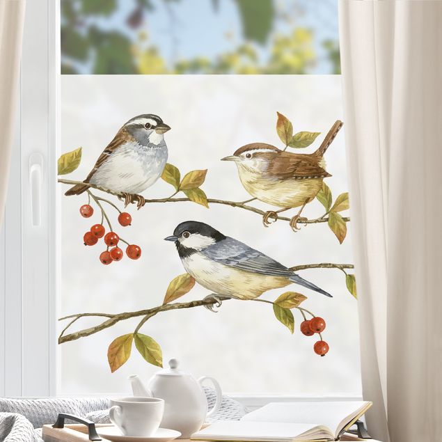 Fensterbild Tiere Vögel und Beeren - Meisen