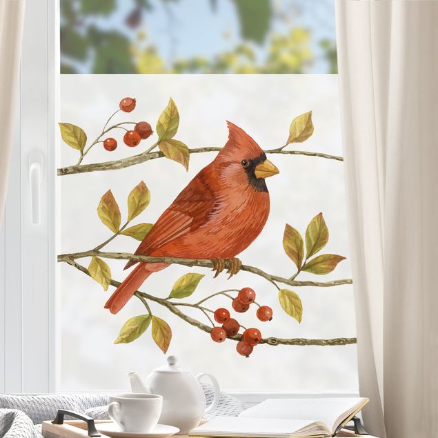 Fensterdeko Frühling Vögel und Beeren - Rotkardinal