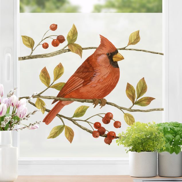 Fensterbild Tiere Vögel und Beeren - Rotkardinal