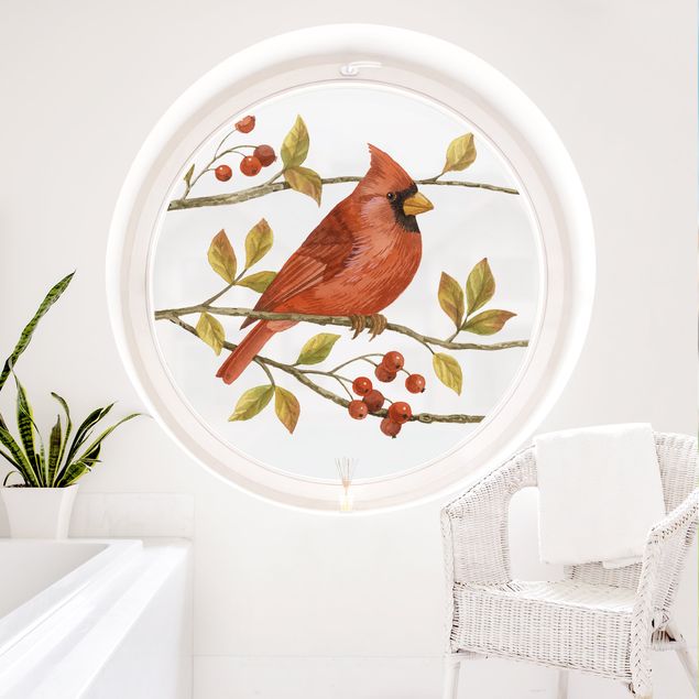 Fensterfolie Farbig Vögel und Beeren - Rotkardinal