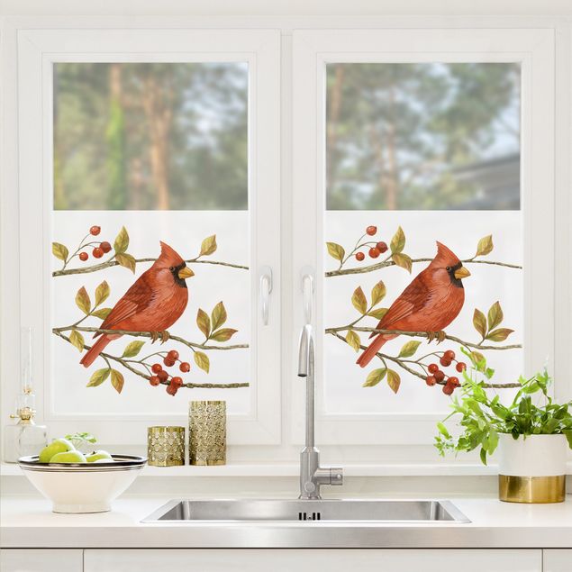 Fensterbild weiß Vögel und Beeren - Rotkardinal