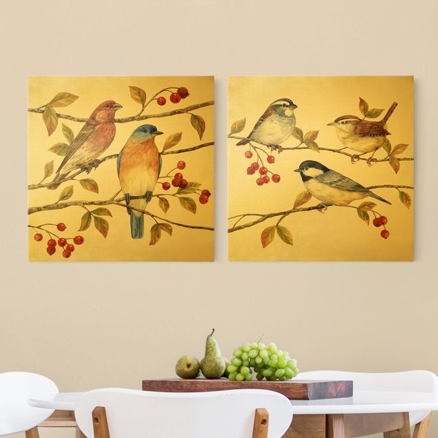 Kunstdrucke auf Leinwand Vögel und Beeren Set I