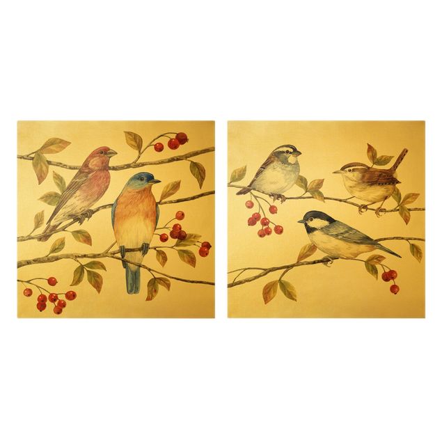 Wandbilder Vintage Vögel und Beeren Set I