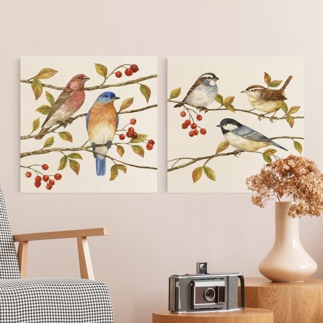 Kunstdrucke auf Leinwand Vögel und Beeren Set I