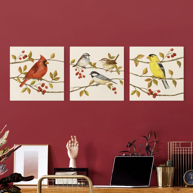 Leinwandbild Kunstdruck Vögel und Beeren Set