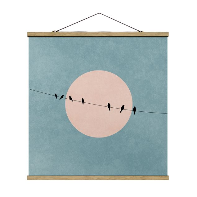 Stoffbild mit Posterleisten - Vögel vor rosa Sonne I - Quadrat 1:1