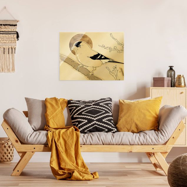 Glasbild Tiere Vogel vor goldener Sonne II