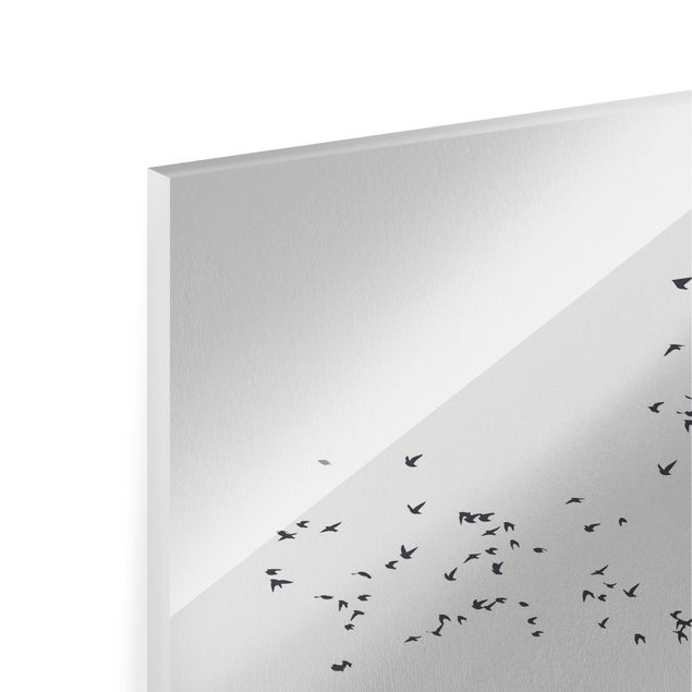 Glasbilder Vogelschwarm vor Bergen Schwarz Weiß
