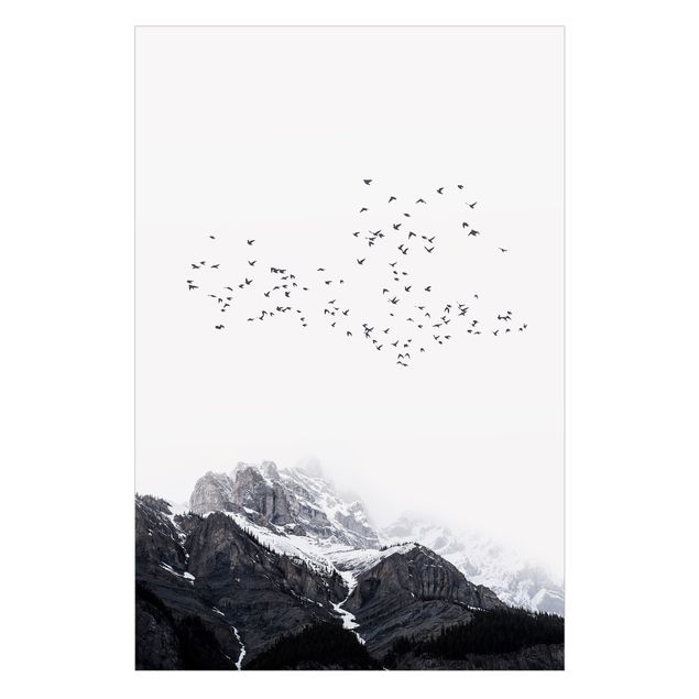 Fensterbilder XXL Vogelschwarm vor Bergen Schwarz Weiß