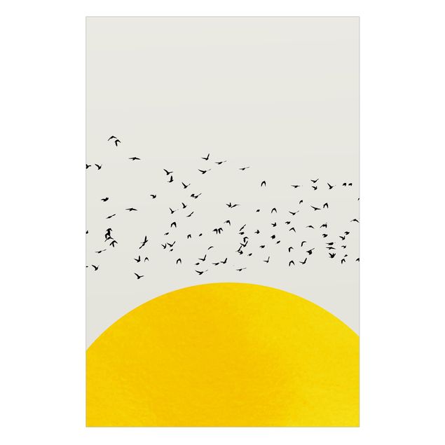 Fensterfolie Vogelschwarm vor gelber Sonne
