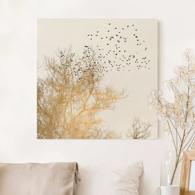 Leinwandbilder XXL Vogelschwarm vor goldenem Baum