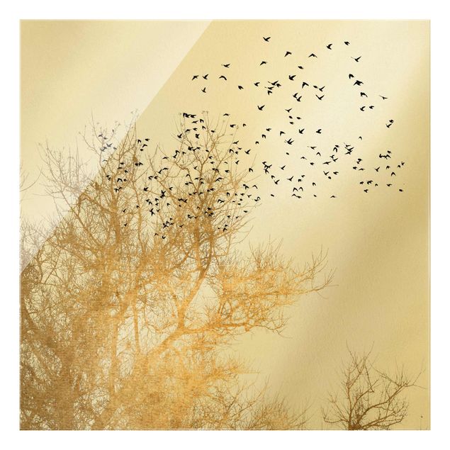 Schöne Wandbilder Vogelschwarm vor goldenem Baum