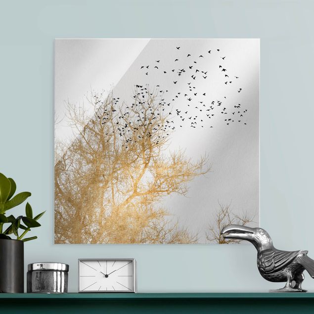 XXL Glasbilder Vogelschwarm vor goldenem Baum