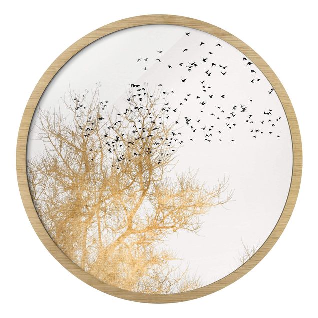 Kunstdruck Bilder mit Rahmen Vogelschwarm vor goldenem Baum