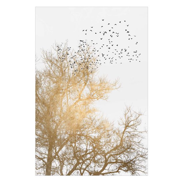 Fensterbilder XXL Vogelschwarm vor goldenem Baum