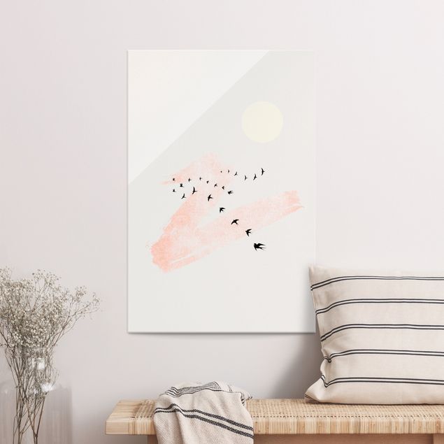 Wandbilder abstrakt Vogelschwarm vor Rosa Himmel