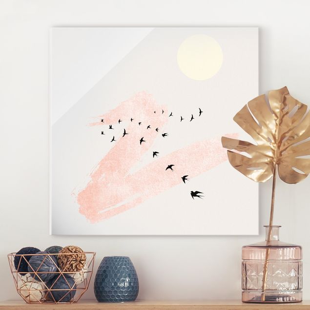 Wandbilder abstrakt Vogelschwarm vor Rosa Himmel