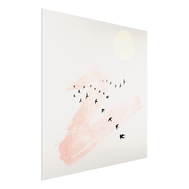 Wandbilder Tiere Vogelschwarm vor Rosa Himmel