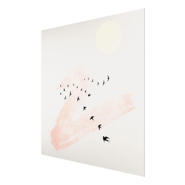 Schöne Wandbilder Vogelschwarm vor Rosa Himmel