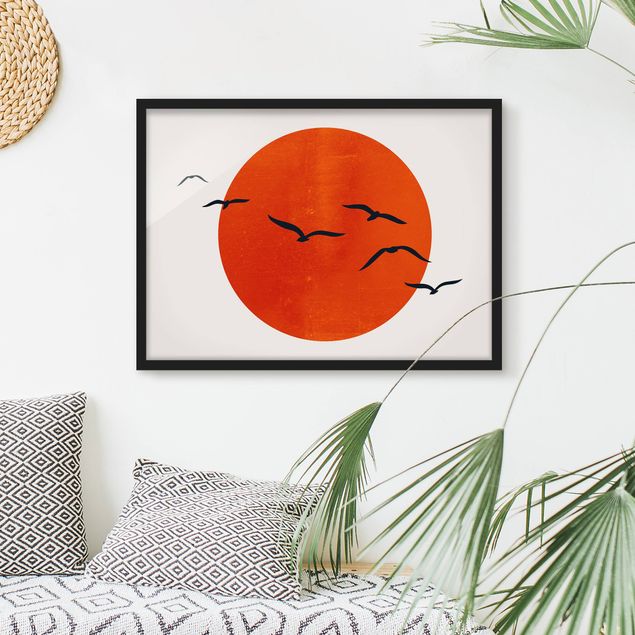 Wandbilder Tiere Vogelschwarm vor roter Sonne I