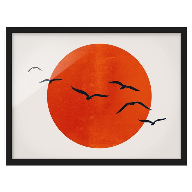 Wandbilder Vogelschwarm vor roter Sonne I