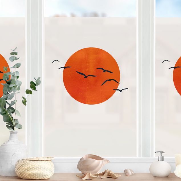 Fensterbilder Natur Vogelschwarm vor roter Sonne I