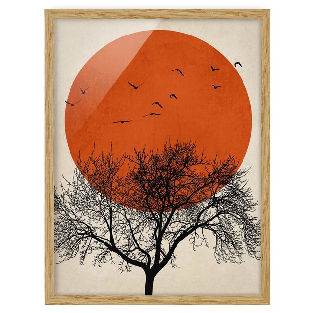 Schöne Wandbilder Vogelschwarm vor roter Sonne II