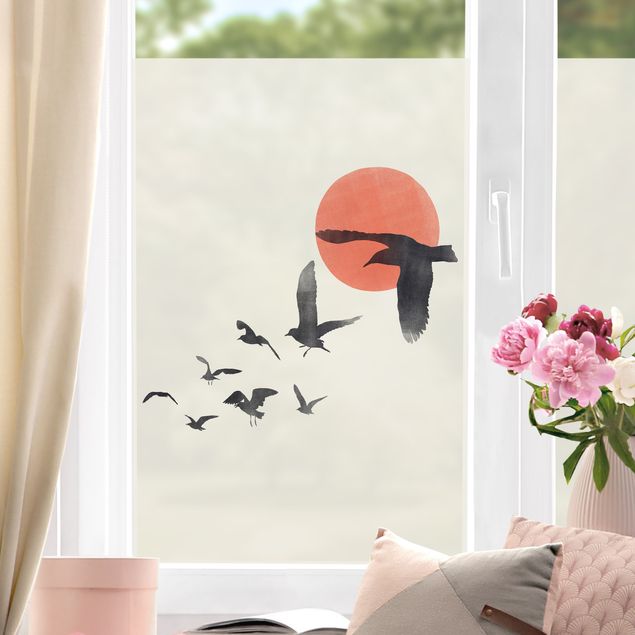 Fensterbild Tiere Vogelschwarm vor Sonne
