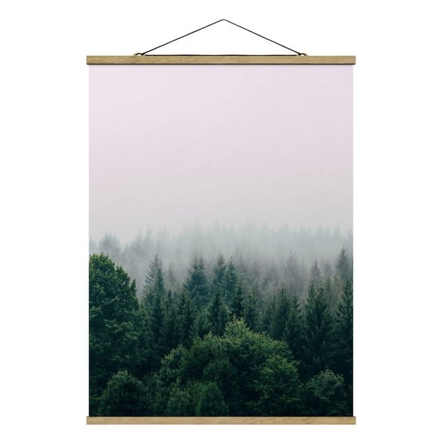 Stoffbild mit Posterleisten - Wald im Nebel Dämmerung - Hochformat 3:4