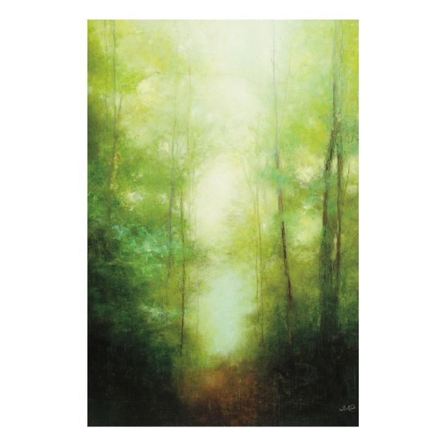 Glas Wandbilder Waldspaziergang im Nebel