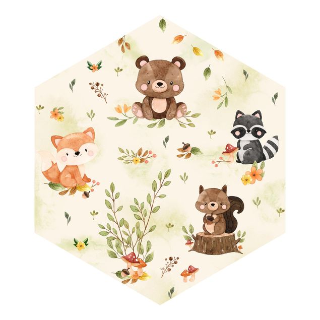Wandtapete Design Waldtiere Herbst Fuchs Bär Eichhörnchen Waschbär