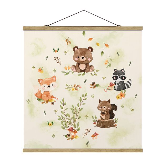 Stoffbild mit Posterleisten - Waldtiere Herbst Fuchs Bär Eichhörnchen Waschbär - Quadrat 1:1