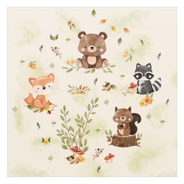 Selbstklebende Fensterbilder Waldtiere Herbst Fuchs Bär Eichhörnchen Waschbär